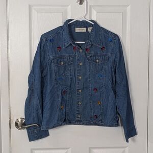 Vintage 90s Lemon•Grass Embroidered 3D Floral 100% Cotton‎ Denim Jacket Size PM